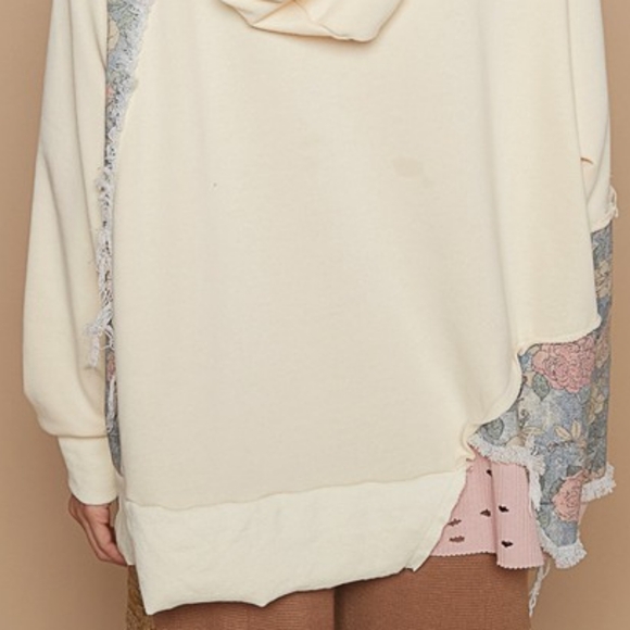 POL Hoodie Floral Contrast Patchwork Top Distressed Raw Exposed Seam Sweatshirt - Picture 13 of 15